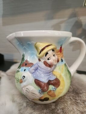 Josef Hoffmann White, Yellow, Blue Ceramic Pitcher with Figurine